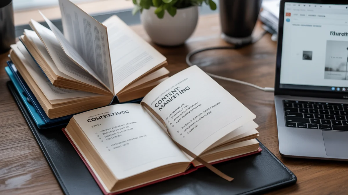 A desk with open books, a laptop, and notes on content marketing.