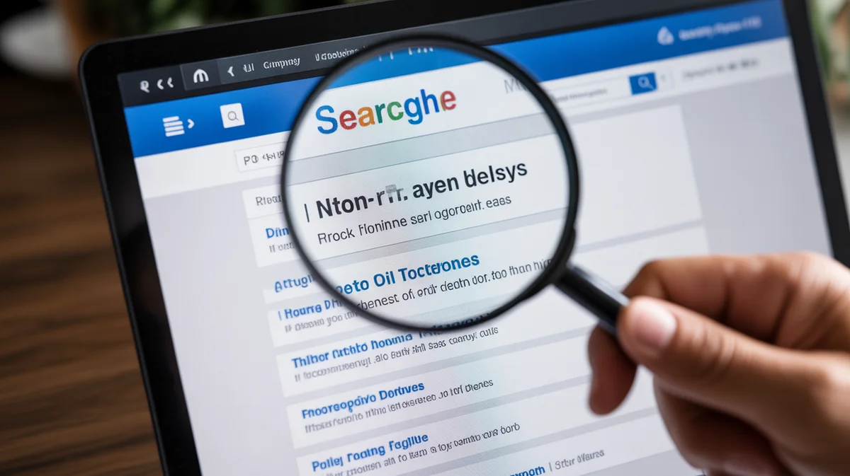 A magnifying glass hovers over a search engine results page with top-ranked websites.
