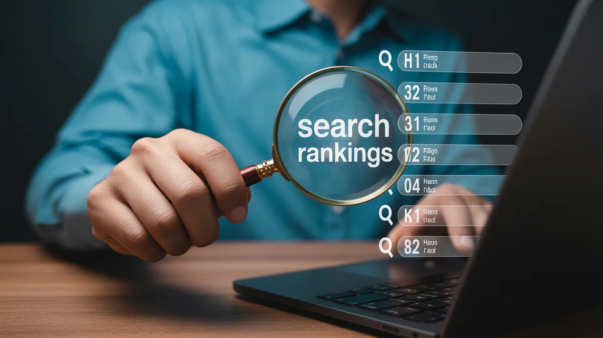 A hand holding a magnifying glass over digital search engine results showing high rankings.