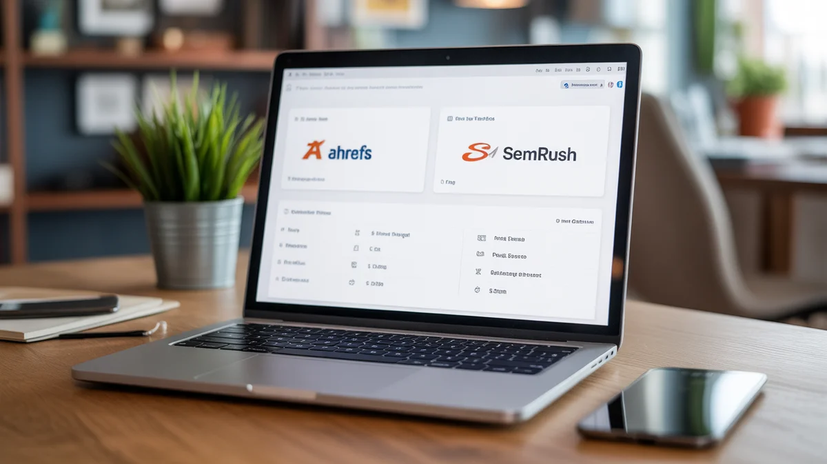 A digital dashboard comparing the features and data of Ahrefs and Semrush.