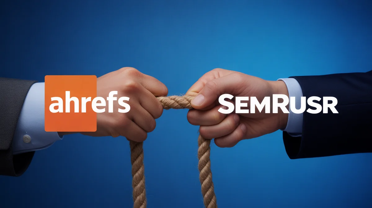 Ahrefs and Semrush software logos engaging in a digital tug-of-war on a screen.