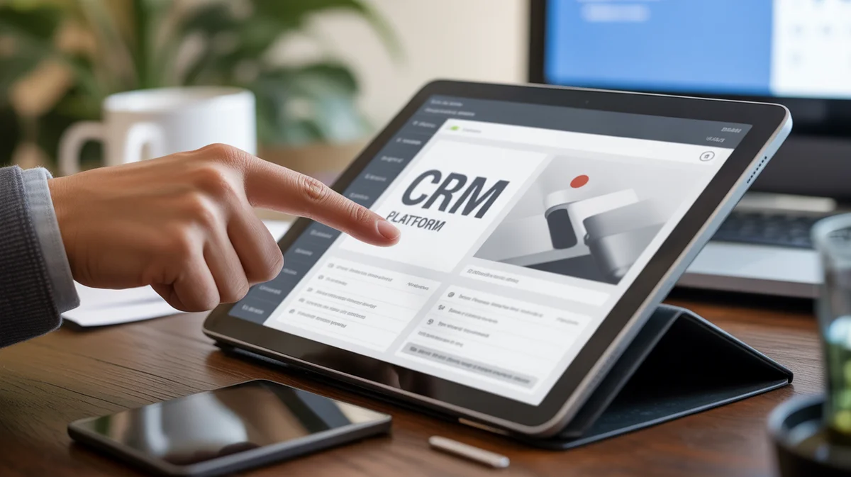 A user's hand pointing at a CRM platform interface displayed on a digital tablet.