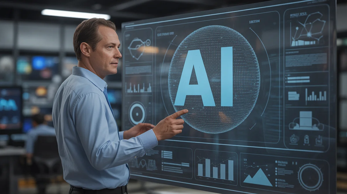 An AI dashboard displays optimized marketing data and customer insights on a digital screen.