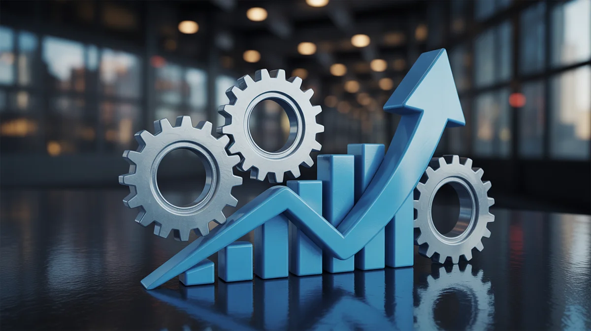 Digital gears, charts, and an upward arrow represent affiliate marketing strategies and growth.