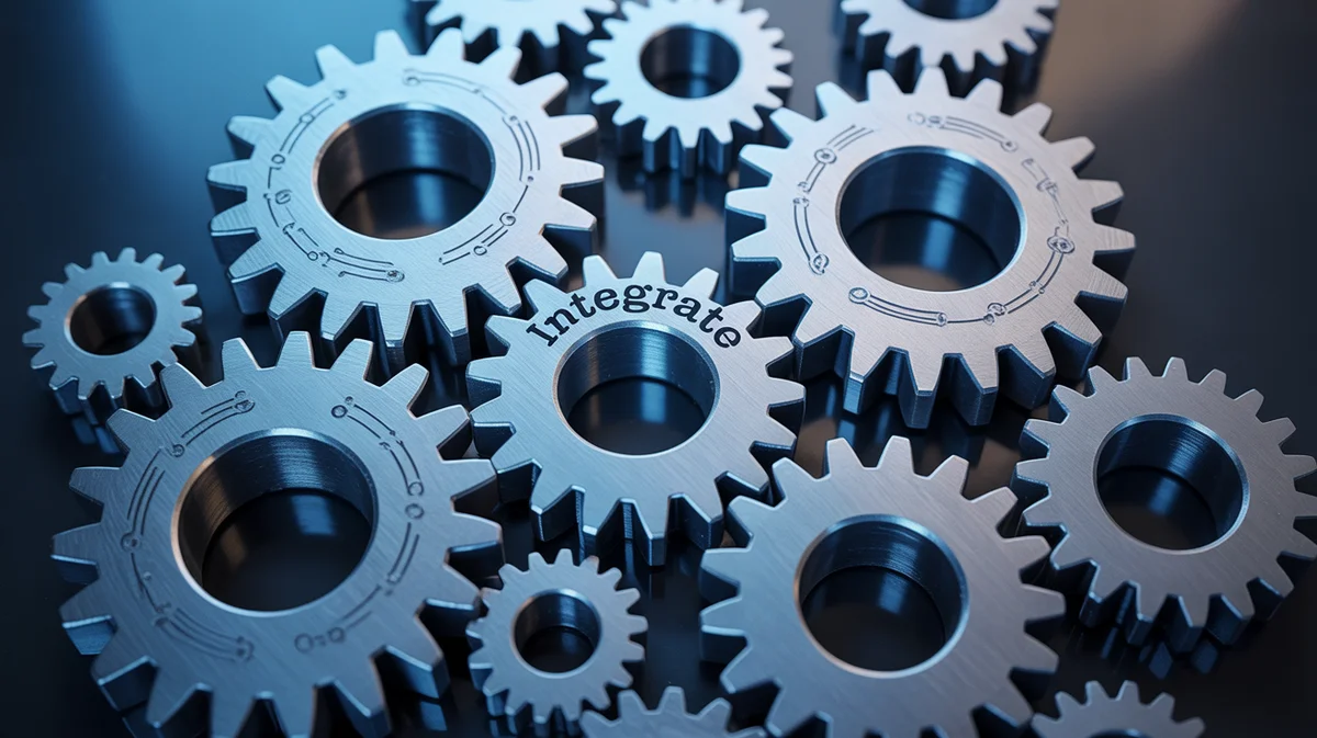 Interlocking digital gears representing the integration of marketing SaaS platforms.