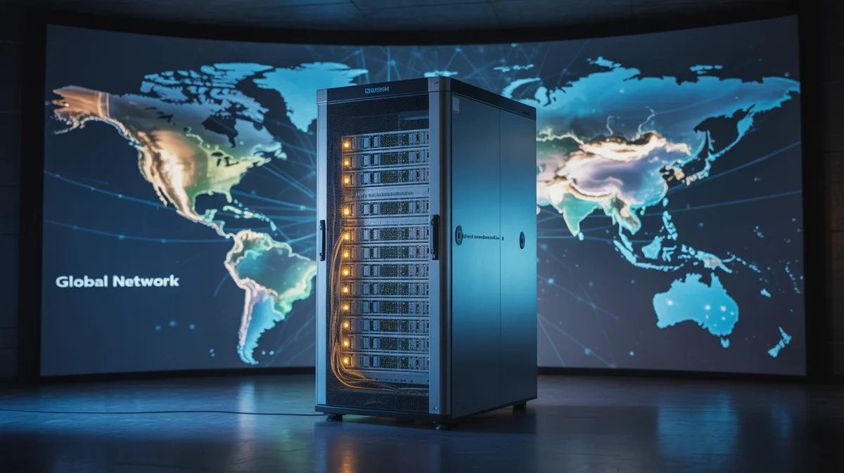 A stylized server rack securely connected to a glowing world map.