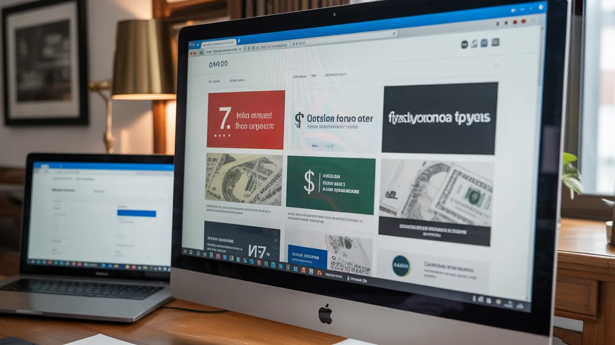 A website on a computer screen featuring multiple ad banners and currency symbols.