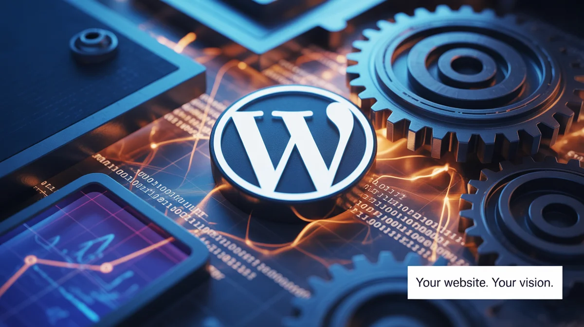 A WordPress logo surrounded by digital marketing charts and automation gears.
