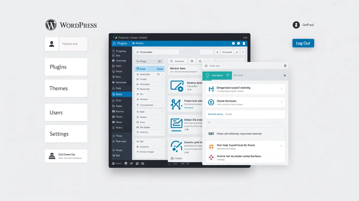 Various digital tools and gears integrating seamlessly with a WordPress dashboard.