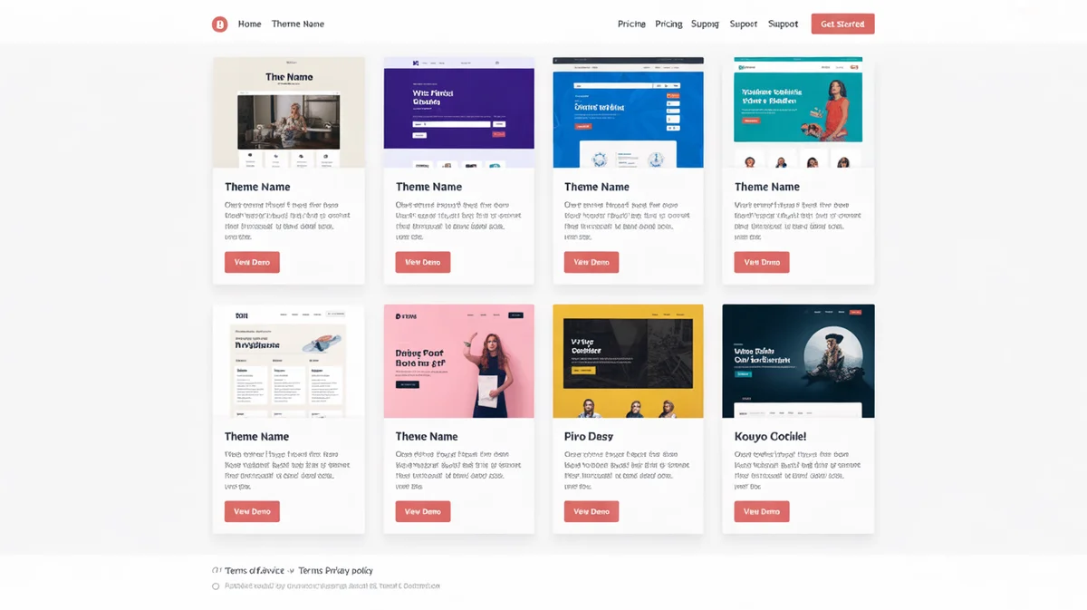 A collection of colorful WordPress website themes laid out like cards.