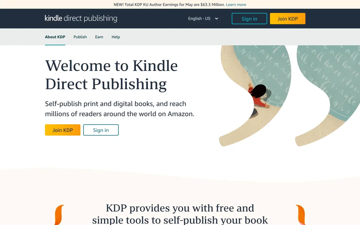 Screenshot of Amazon Kindle Direct Publishing homepage