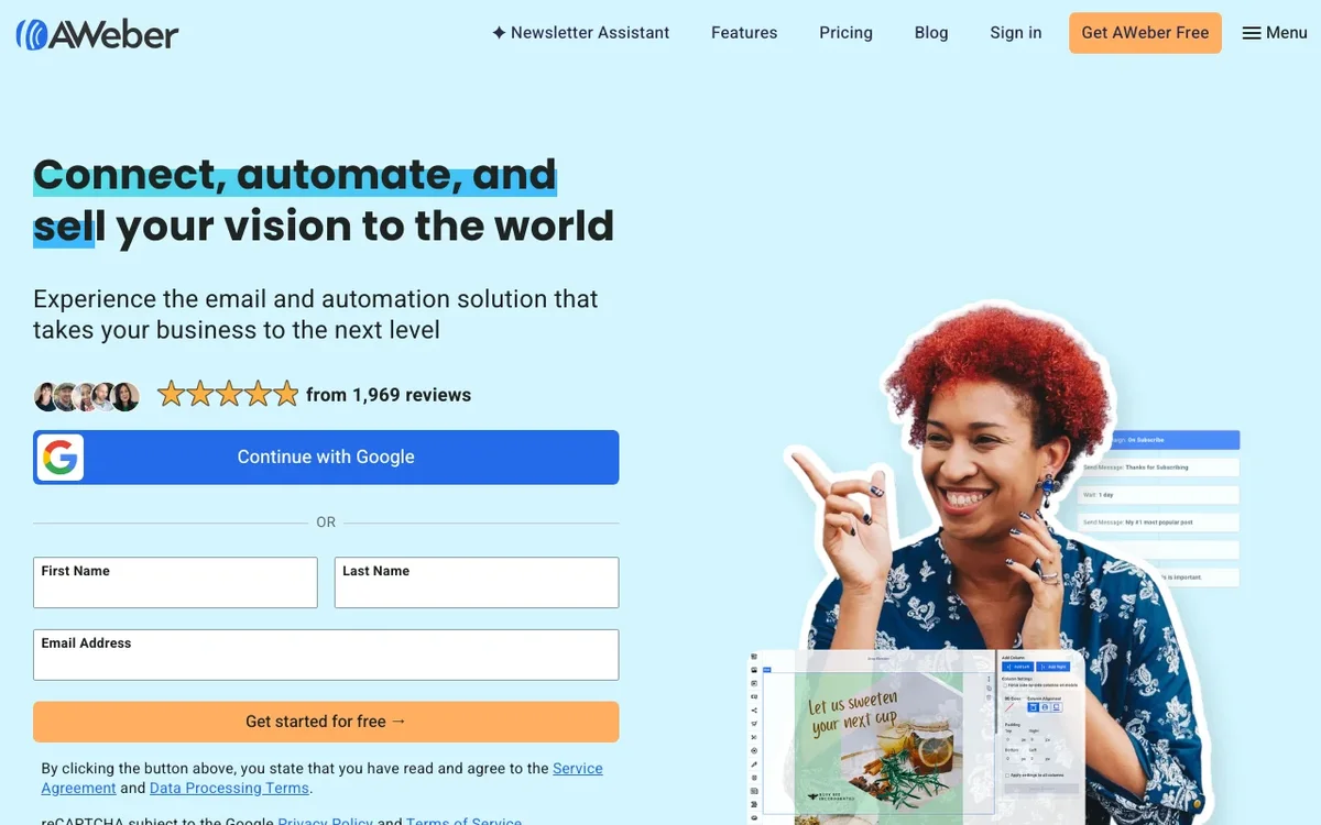 Screenshot of AWeber homepage