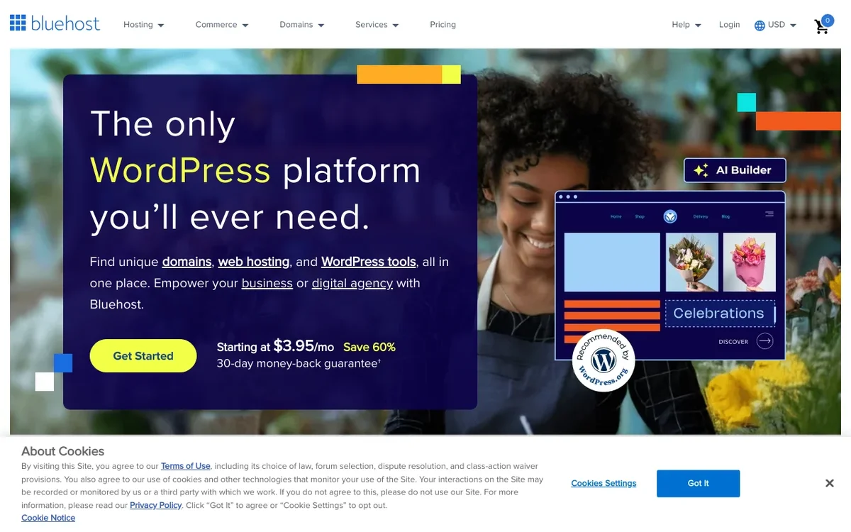 Screenshot of Bluehost homepage