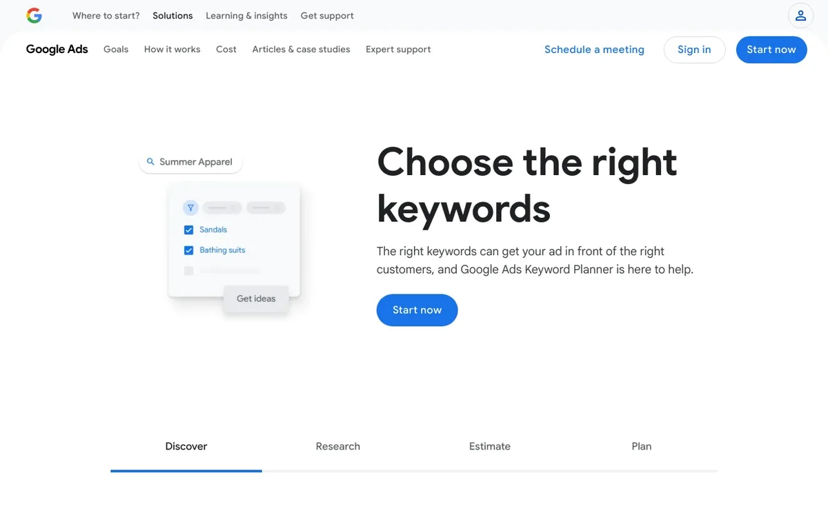 Screenshot of Google Keyword Planner homepage