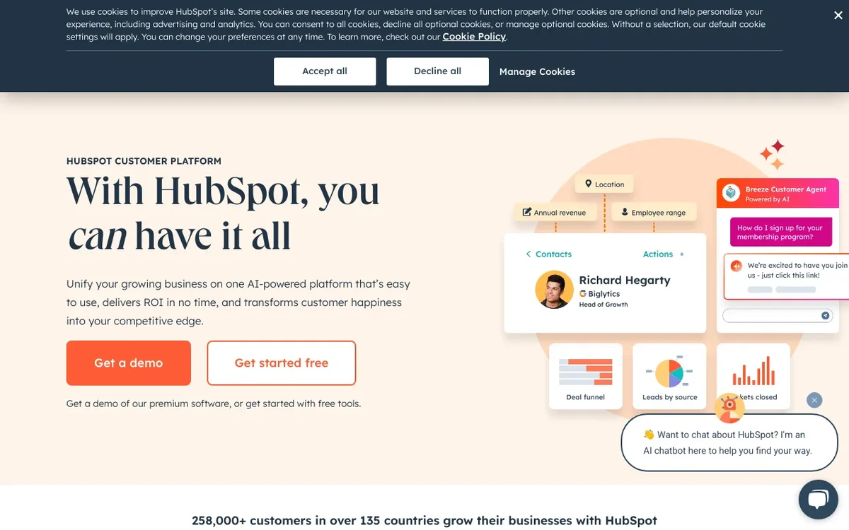 Screenshot of HubSpot CRM homepage