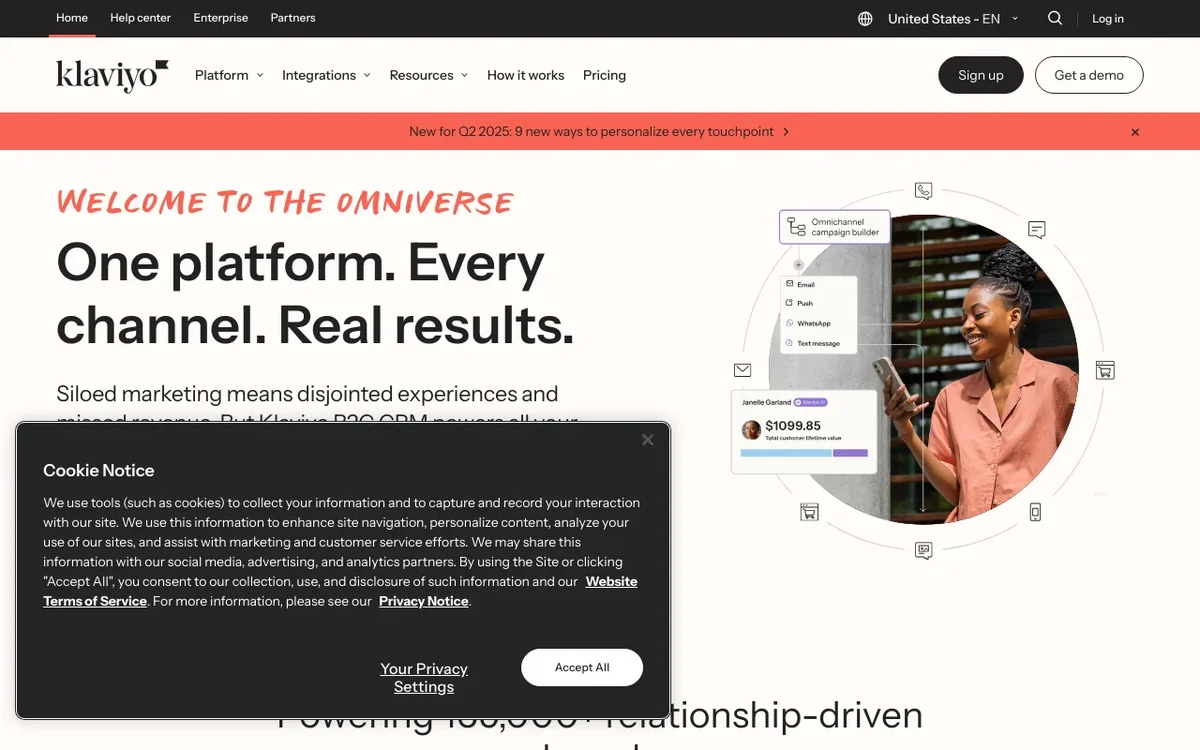 Screenshot of Klaviyo homepage