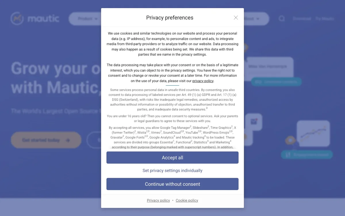 Screenshot of Mautic homepage