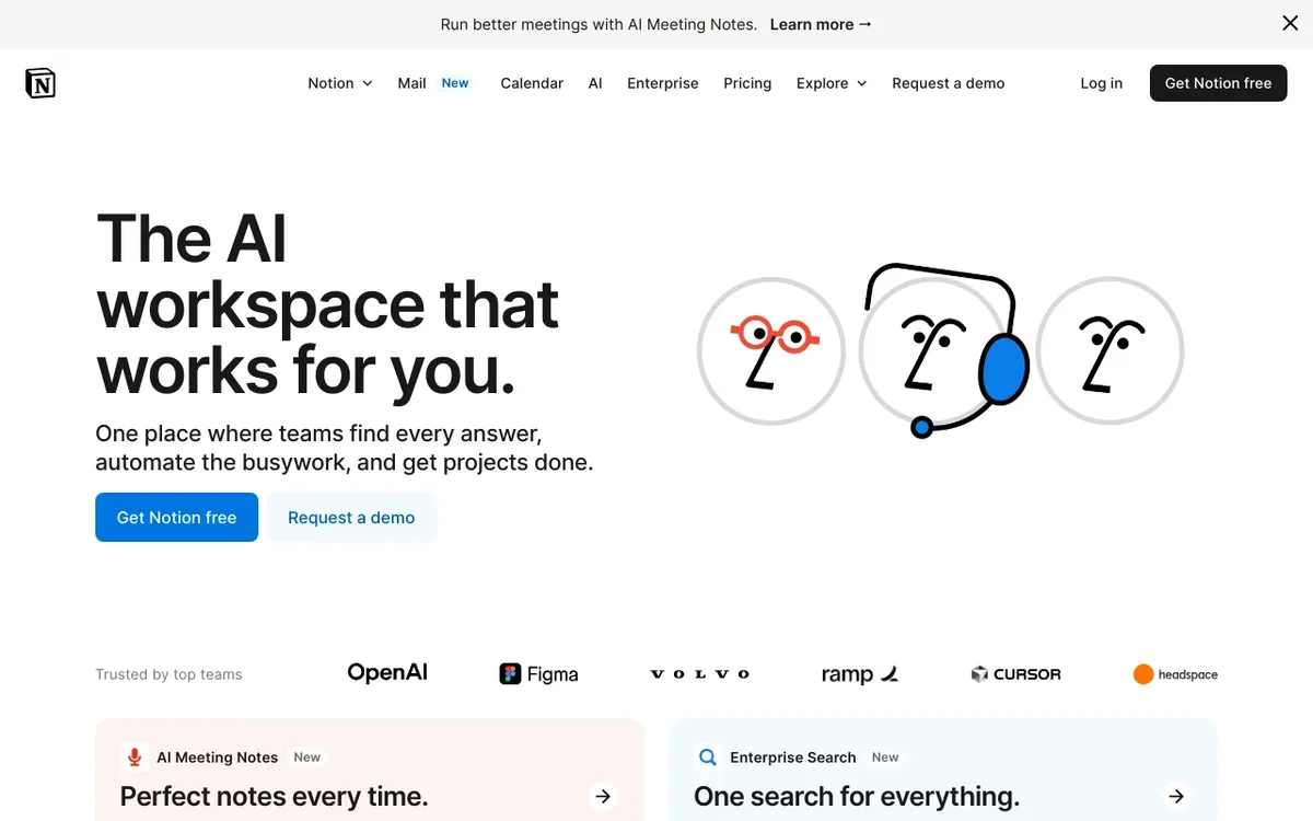 Screenshot of Notion homepage