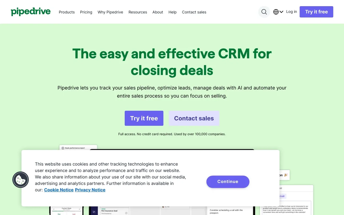 Screenshot of Pipedrive homepage