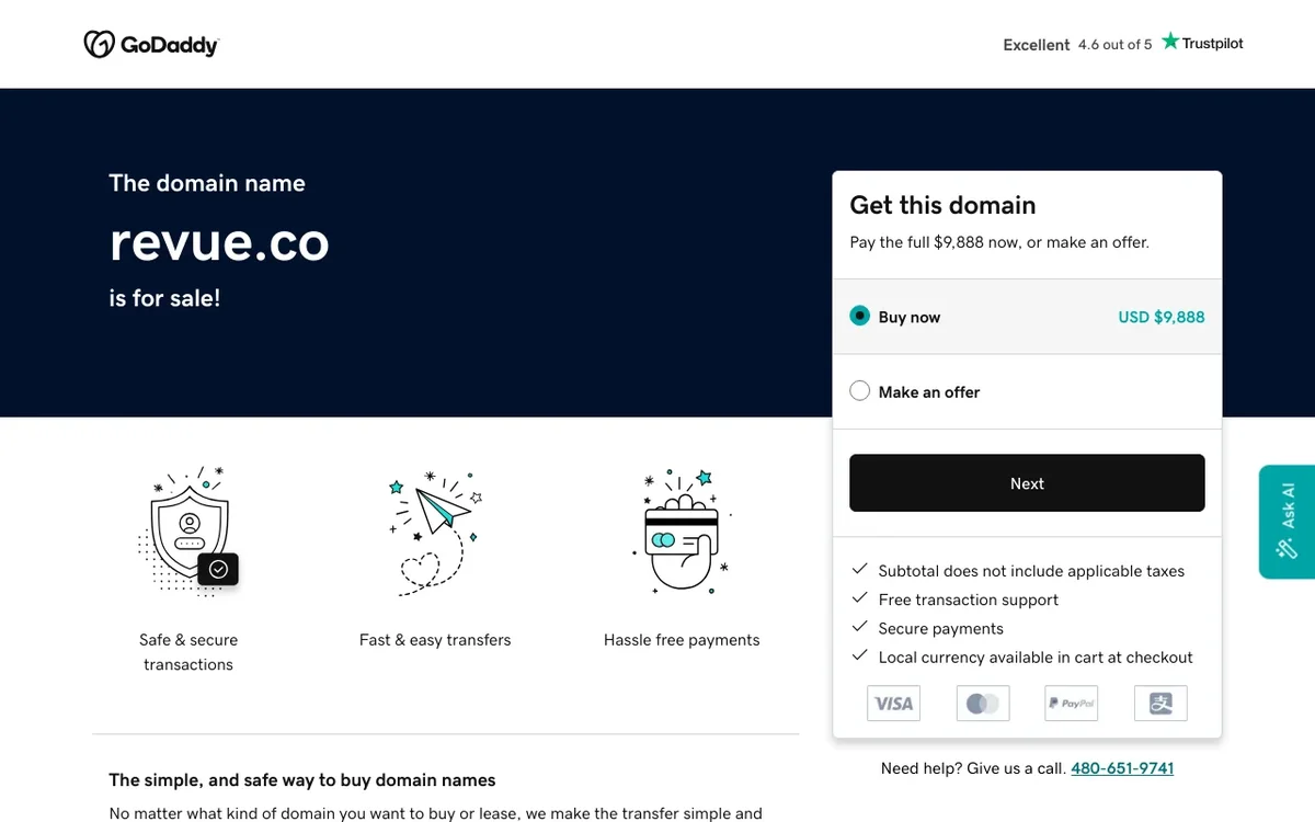 Screenshot of Revue homepage