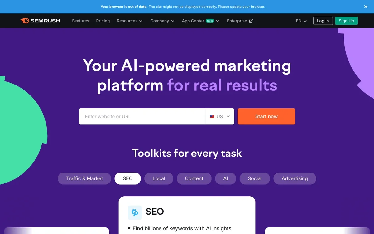 Screenshot of Semrush homepage