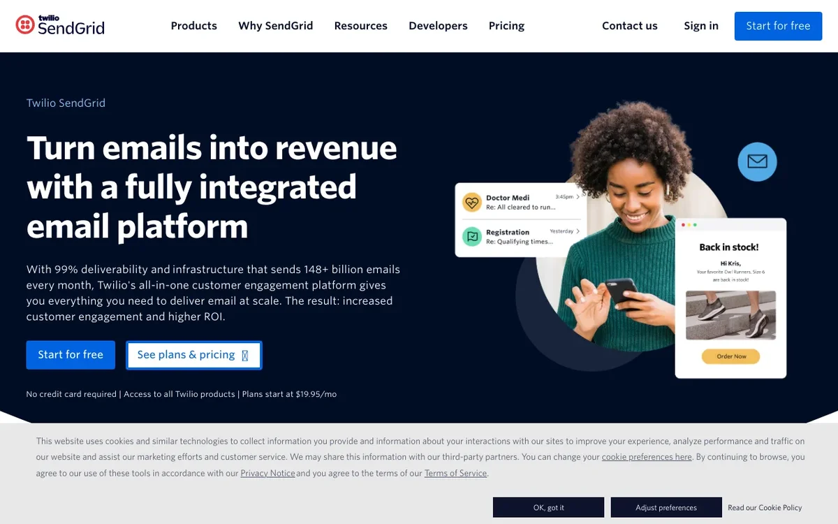 Screenshot of SendGrid homepage