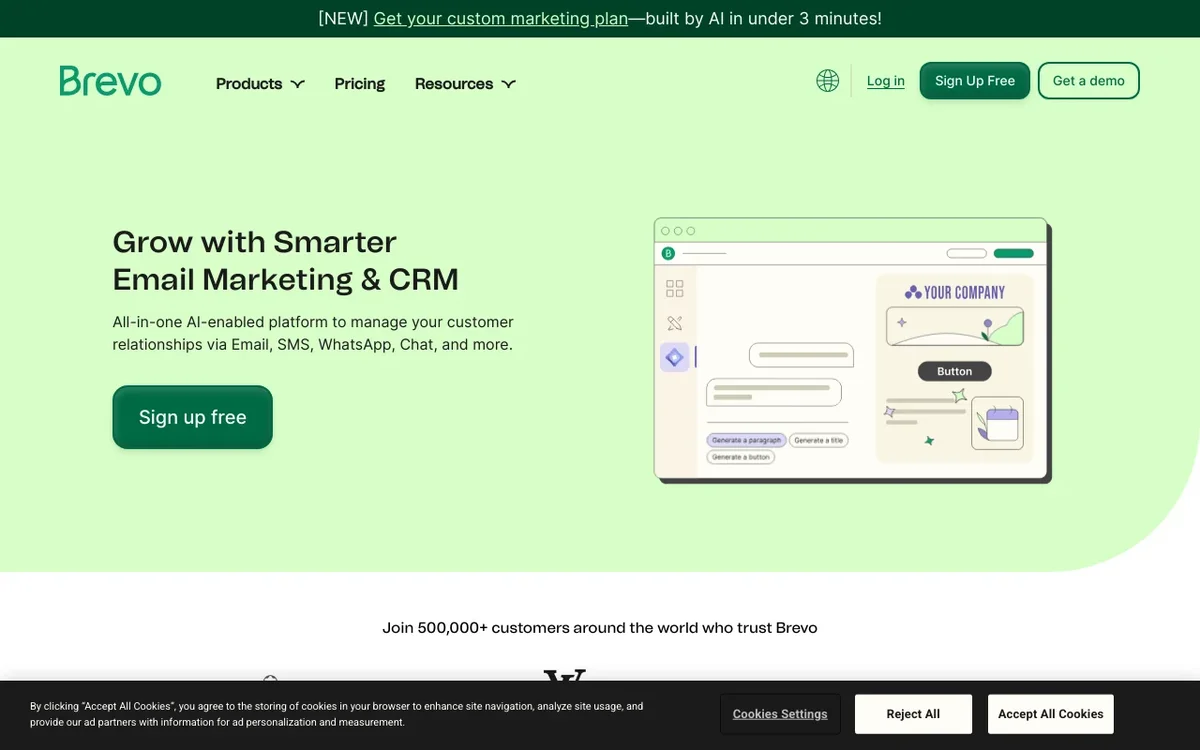 Screenshot of Sendinblue homepage