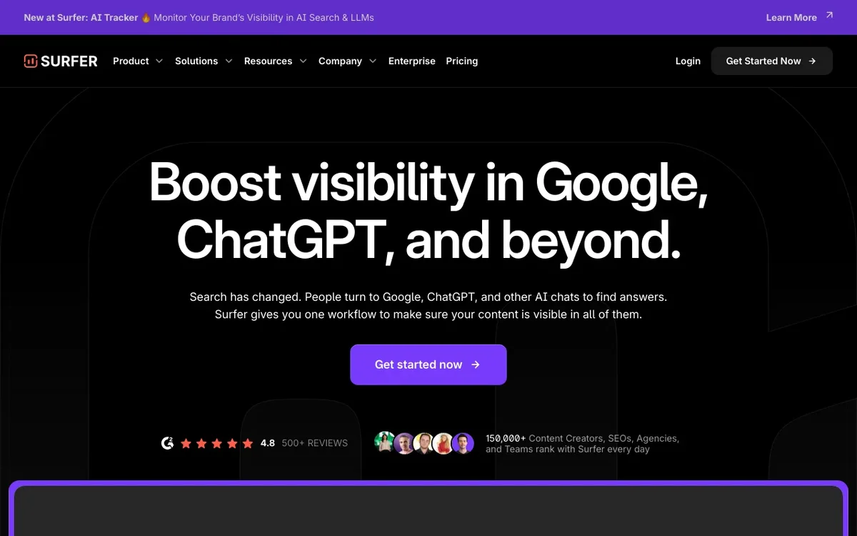 Screenshot of Surfer SEO homepage