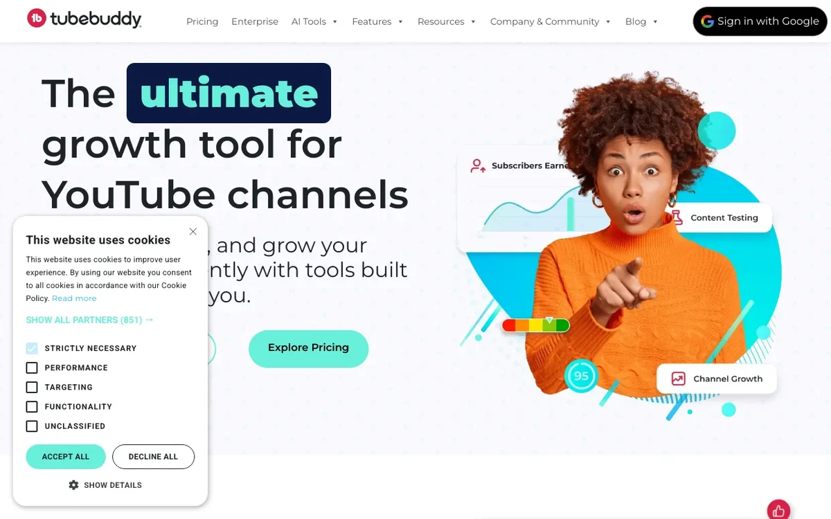 Screenshot of TubeBuddy homepage