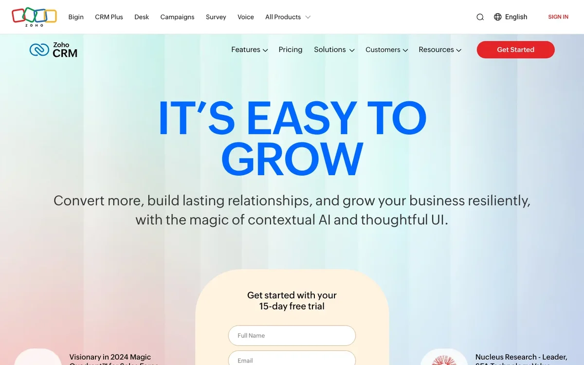 Screenshot of Zoho CRM homepage