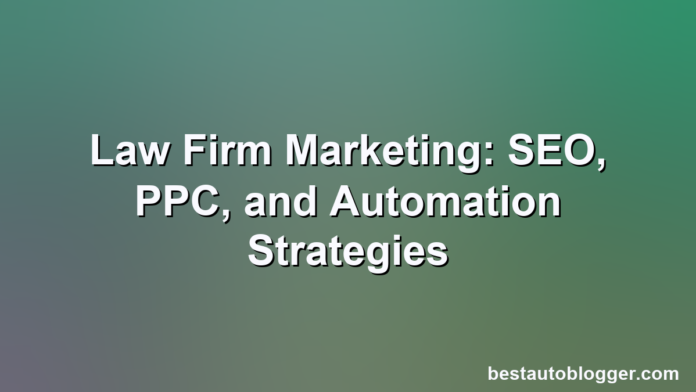 A laptop screen displaying SEO, PPC, and automation icons beside a lawyer's gavel.
