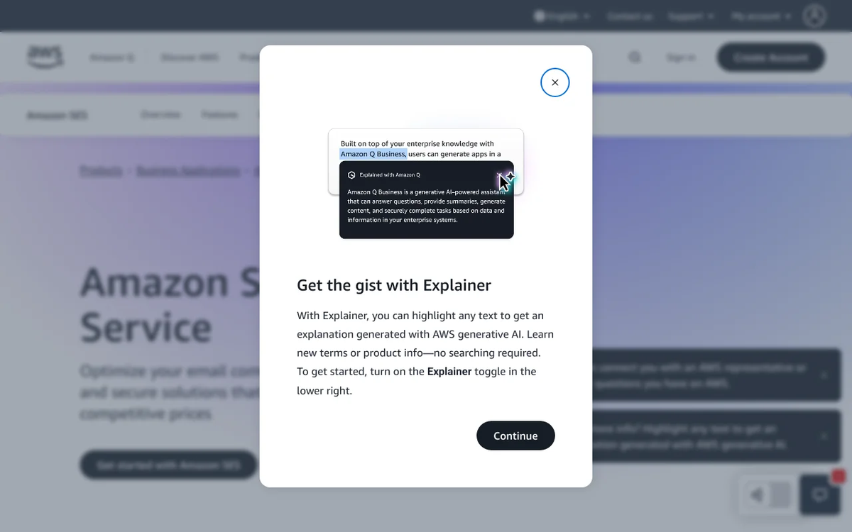 Screenshot of Amazon SES homepage