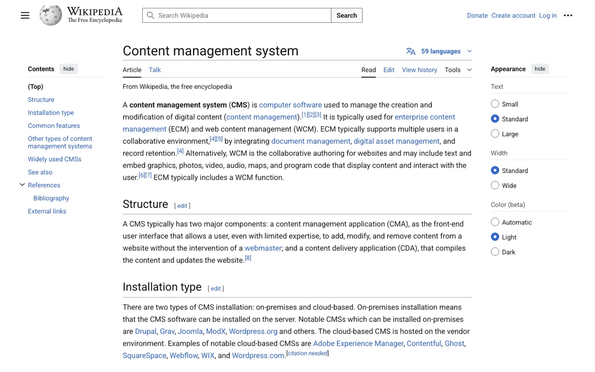 Screenshot of Content Management System (CMS) homepage