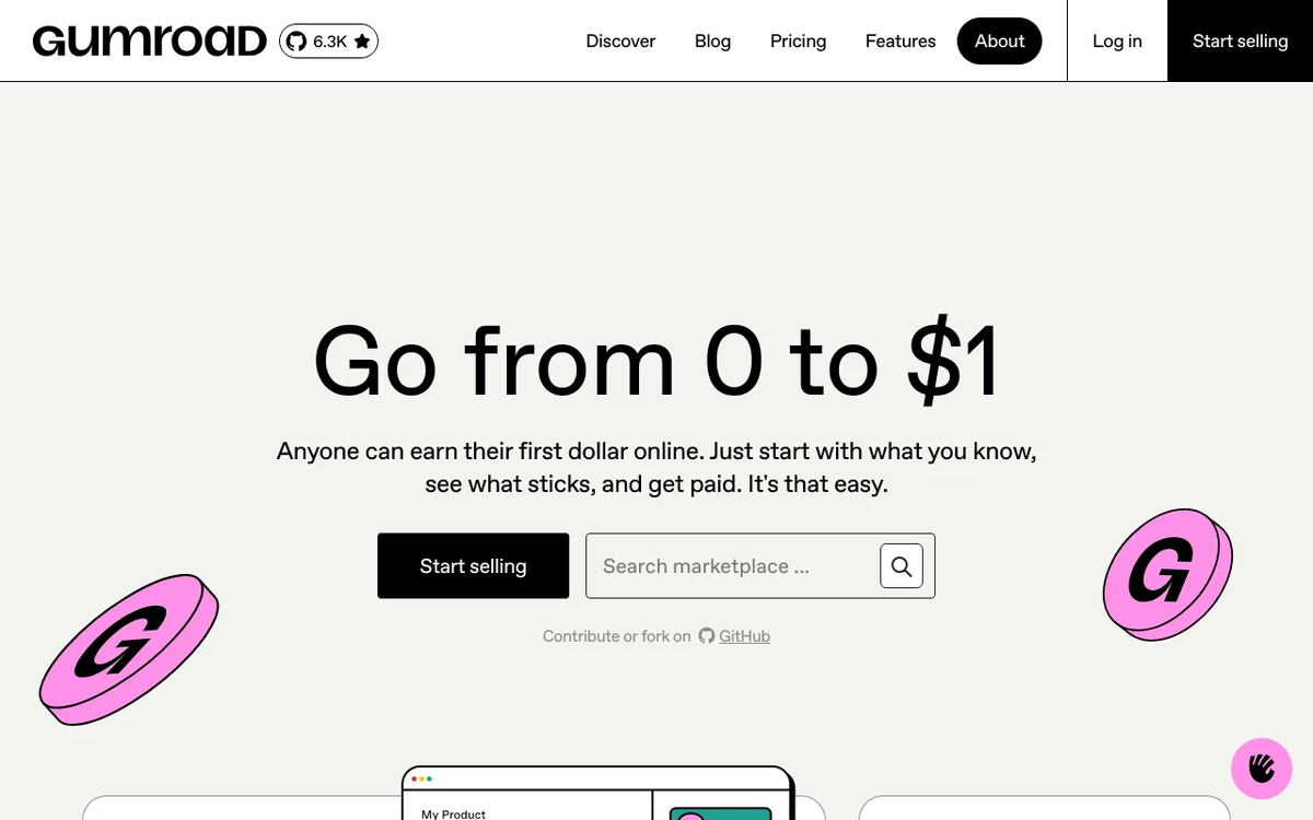 Screenshot of Gumroad homepage