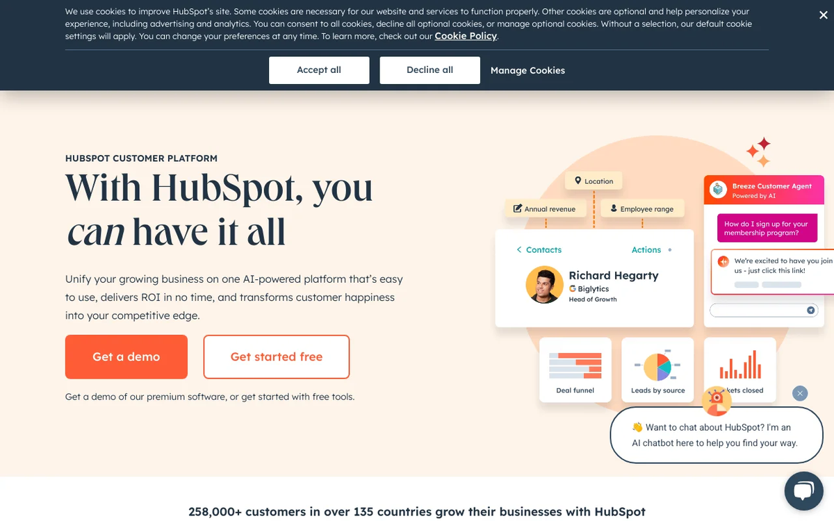 Screenshot of HubSpot CRM Free homepage