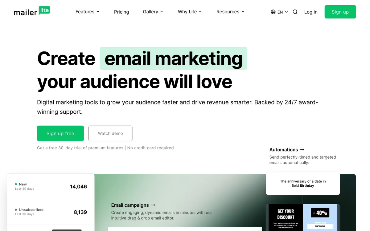 Screenshot of MailerLite homepage
