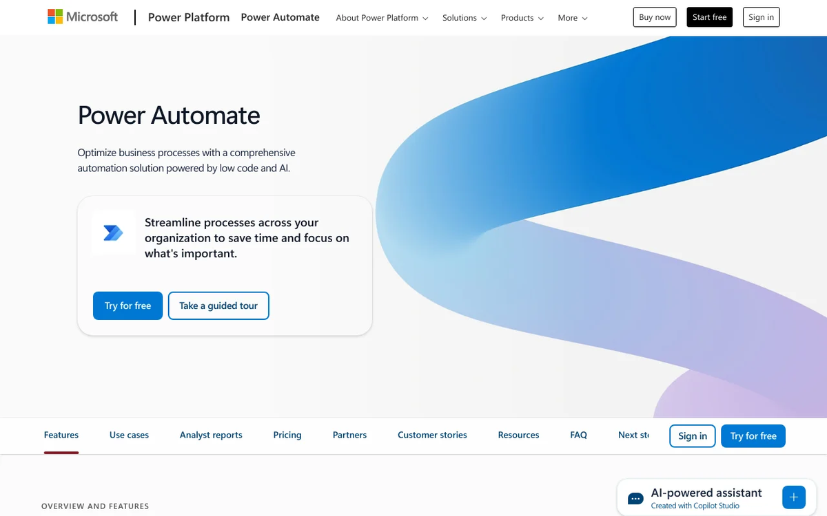 Screenshot of Microsoft Power Automate homepage