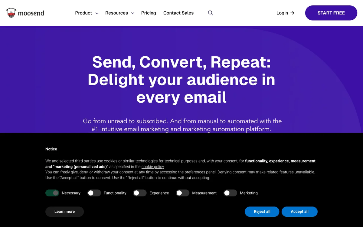 Screenshot of Moosend homepage