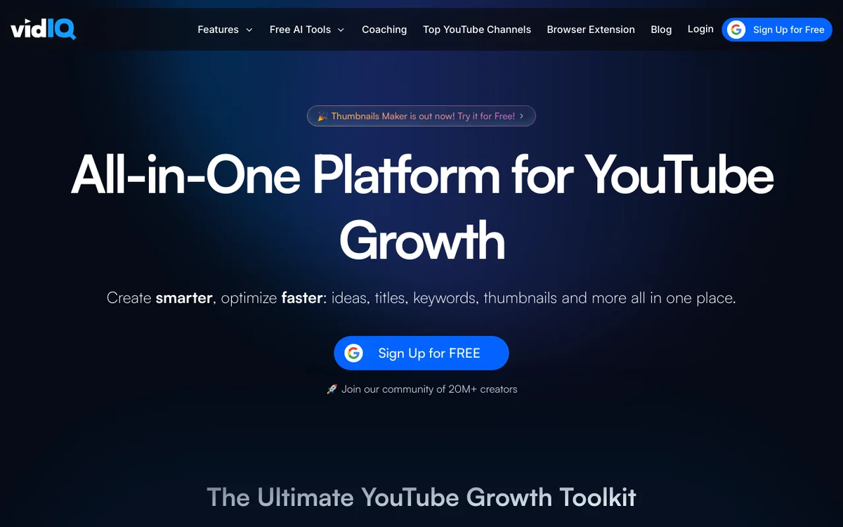 Screenshot of VidIQ homepage