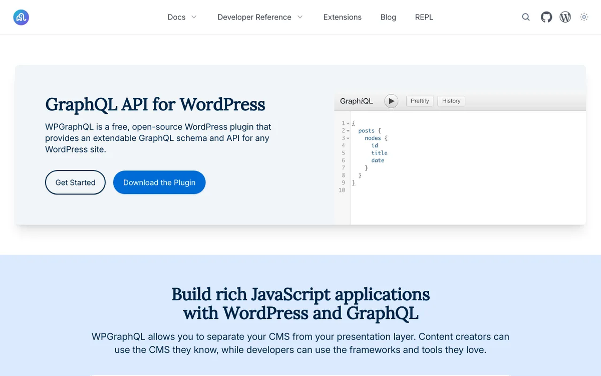 Screenshot of WPGraphQL plugin homepage