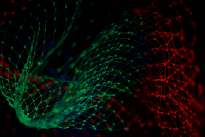 Intricate glowing green and red network mesh against a dark background, symbolizing streamlined digital connections and data flow for marketing automation.