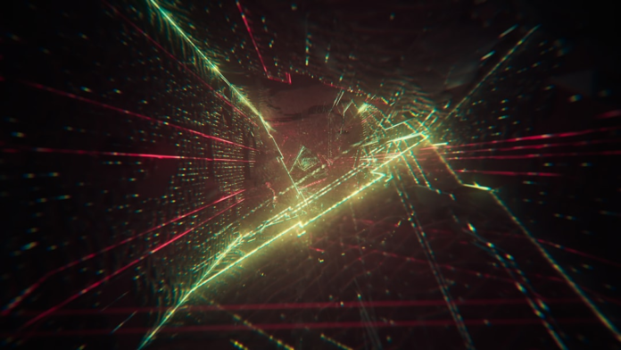 Dynamic digital data tunnel with glowing green and red light trails, symbolizing the rapid and efficient flow of automated email delivery.