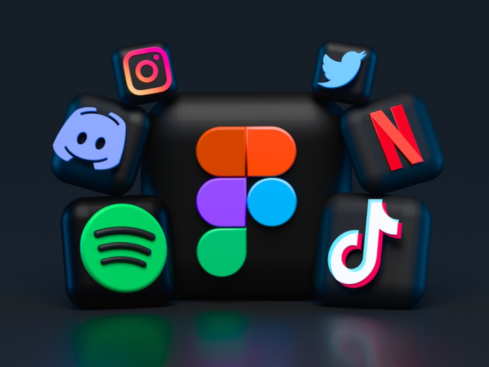 Colorful 3D icons of various digital platforms like Instagram, Twitter, and TikTok, surrounding a central abstract logo on a dark background, illustrating diverse email marketing software and business tool options.