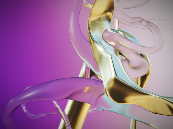 Dynamic abstract ribbons of gleaming gold, iridescent blue, and deep purple intertwine smoothly against a vibrant purple gradient, suggesting the fluid connection of effective automated email follow-up strategies.