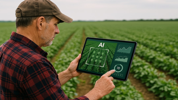 A modern professional in a green field examines a tablet displaying AI-powered data analytics for crop optimization, symbolizing data-driven strategies and expert insights for growth.