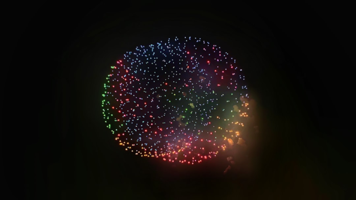 Vibrant, multi-colored fireworks burst brilliantly in a circular shape against the dark night sky, symbolizing a powerful boost in YouTube SEO and views.