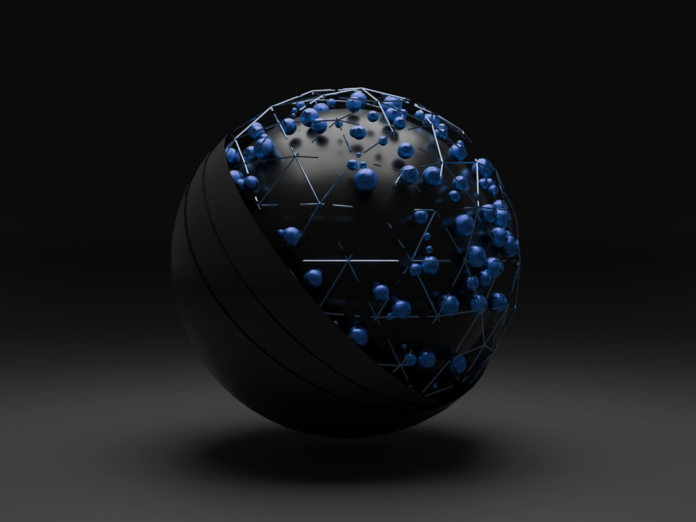 Abstract dark sphere with a cutaway revealing an intricate silver wireframe containing numerous bright blue orbs, symbolizing the interconnected data and advanced features of Rapipay CRM.
