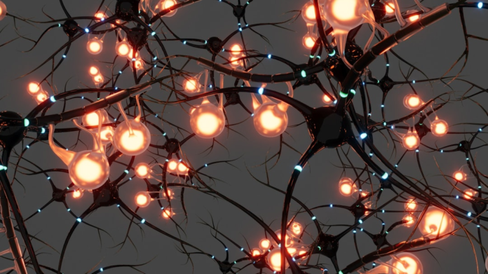 Dynamic close-up of a vibrant artificial neural network, featuring bright orange-glowing neurons and intricate dark branches with blue light pulses, symbolizing intelligent connections and the power of open-source AI.