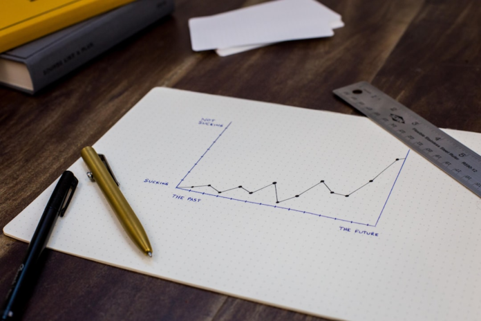 A hand-drawn graph on a dotted notebook page humorously plots a path from sucking to not sucking over time, accompanied by pens and a ruler on a wooden desk, symbolizing the journey towards improved email marketing performance and strategic growth.