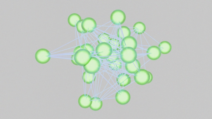 Digital representation of glowing green spheres interconnected by blue lines, symbolizing the complex data relationships and automated workflows within SuiteCRM marketing automation.